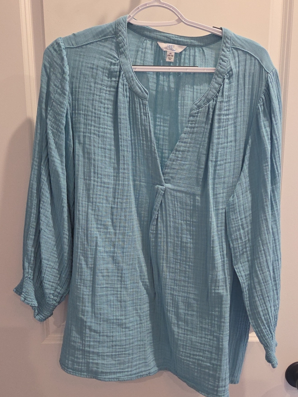 Time and Tru Light Light Teal Gauze V-Neck Tunic